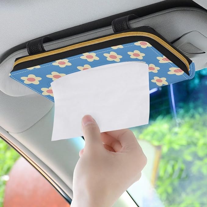 Blue Flower Leather Visor Tissue Holder Car Visor Accessories Adjustable Car Sun Visor Tissue Box Holder Car Decoration for Women Girls