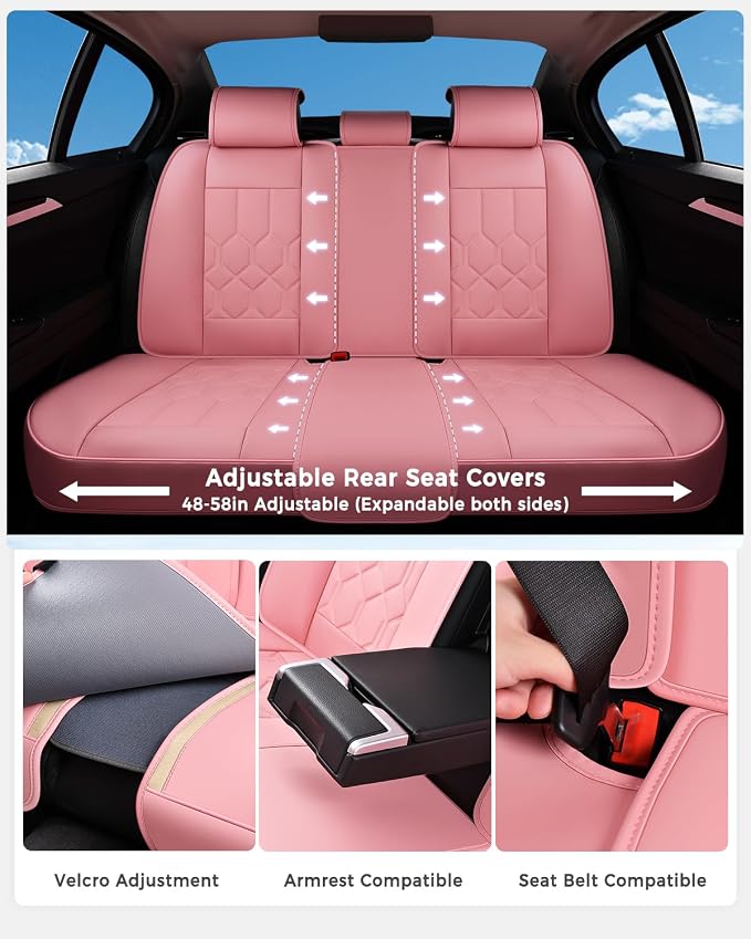 Huidasource Seat Covers Full Set, Universal Fit for Cars SUVs Trucks, Pink | Full Coverage Leather Car Seat Cover, Airbag, Cupholder Compatible, Seat Function Retain, Velcro Adjustable