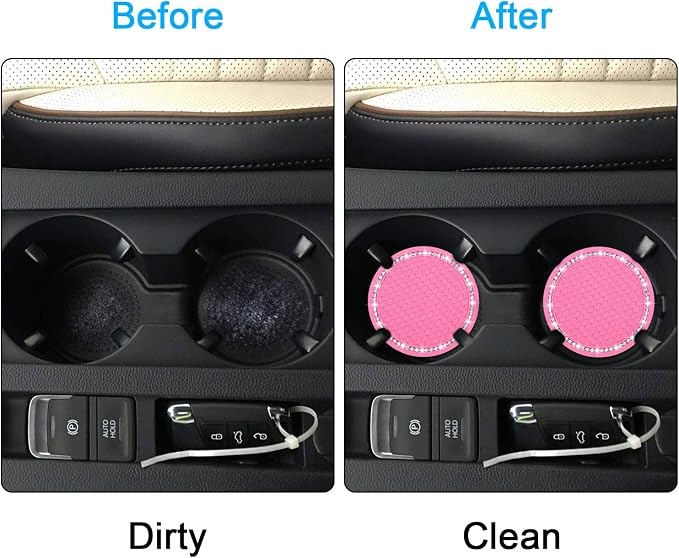 Bling Car Coasters, Wisdompro 4 Pack PVC Car Cup Holder Insert Coaster - Anti Slip Universal Vehicle Interior Accessories Crystal Glitter Cup Mats for Women and Men (2.75" Diameter, Pink)