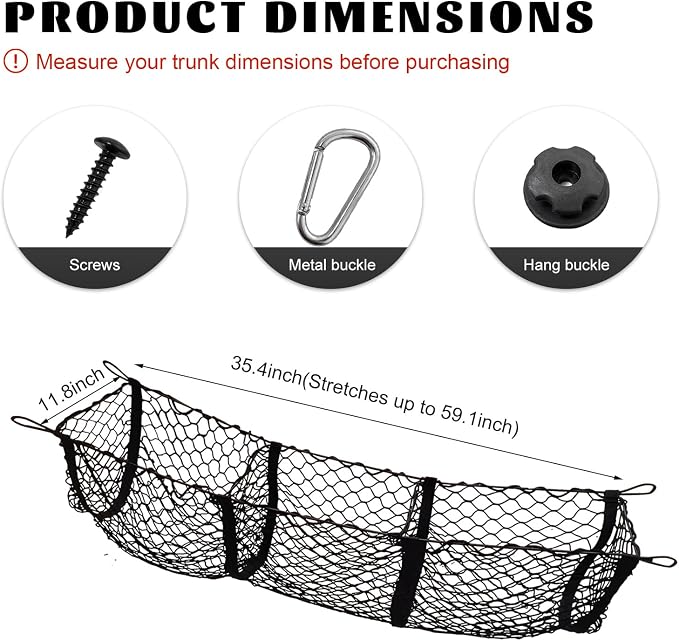 Trunk Cargo Net, Stretchable 3 Pockets Mesh Storage Organizer with Metal Hooks, Heavy Duty Netting Cargo Organizer Holder for Sedan SUV Pickup Truck, Car Accessories (11.8×35.4 inches)