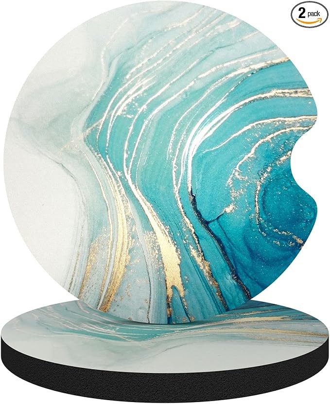 Aiawoxc Car Cup Holder Coasters, 2 Pack Universal Auto Anti Slip Insert Coaster with A Finger Notch, Cute Car Assecories for Women Men, Cup Mat for Most Interior, Teal Marble
