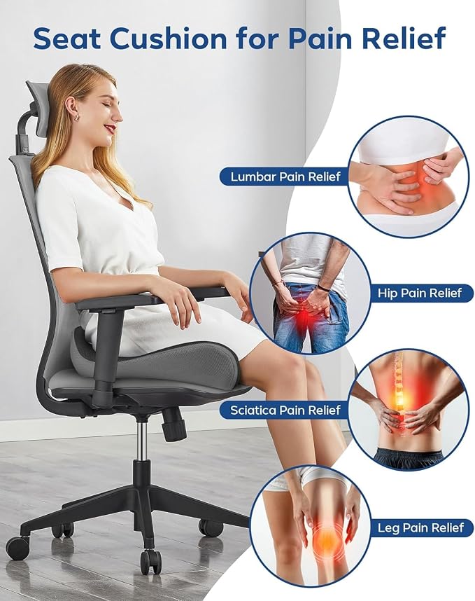 Feagar Seat Cushion for Office Chair - Memory Foam Tailbone Cushion for Desk Chair, Car Seat and Wheelchair - Ergonomic Chair Pad for Hip and Lower Back Comfort Gray | Seat Cushion for Tailbone Pain Relief - for Desk Chair, Car& Wheelchair Car Seat Pad...