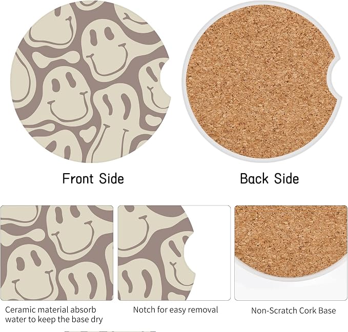 Car Coasters,Purple Smily Absorbent 2 Pack for Cup Holders with Finger Notch,2.56 inches Ceramics Heat Resistant Anti Slip Cork Base Car Drinks Coasters Auto Cup Holder(Apricot Smily)