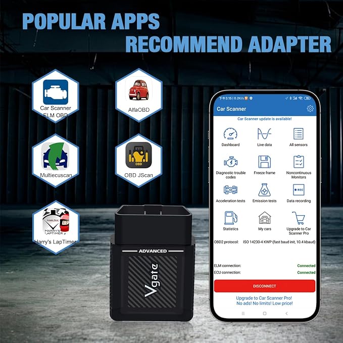 Vgate vLinker MS Bluetooth OBD2 Scanner Fixd Car Diagnostic Tool Code Reader CH-CAN and LS-CAN Work for iOS & Android & Windows, Black