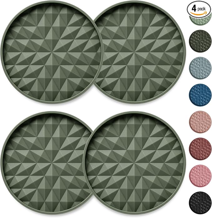 Car Coasters Silicone [4 Pack] 2.75in Universal Mats Non-Slip, Embedded Car Interior Accessories, Car Cup Holders Insert Coasters Decor, Camo Green