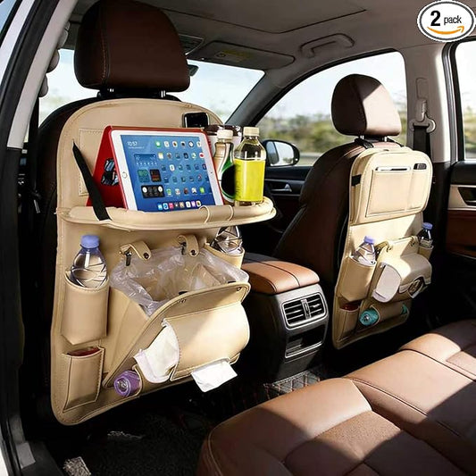 Backseat Car Organizer with Tray, 2 Pack Leather Seat Storage, Cream | Foldable Tray Table,Trash Can Pocket,Kick Mat Protector,Easy-Clean Leather,2 Pack for Front Seats