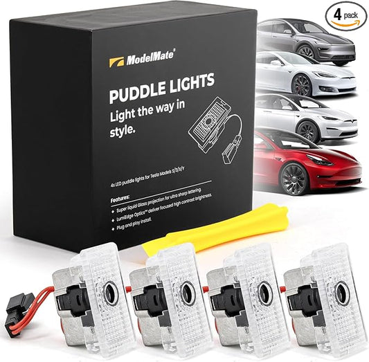 Tesla Logo Puddle Lights for Car Door (4 Pack) HD LED Puddle Lights Compatible w/Model 3 & Y (NOT Standard), X & S Pre 2021 Premium Tesla Door Logo Projection Lights Easy Installation Car Accessories