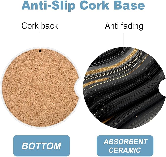 Car Cup Holder Coaster Set of 2, 2.56 in Ceramic Coasters, Scratch-Resistant Cork Backing, Finger Groove Design for Easy Placement, Cute Car Accessories Interior for Women (Black Marble)