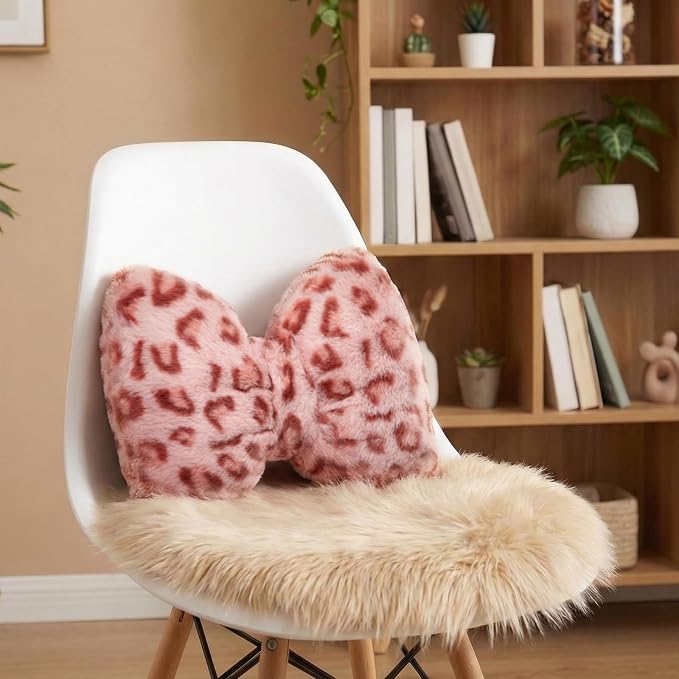 Macarrie 2 Pcs Leopard Car Neck Pillow Imitation Rabbit Fur Bow Pillow | Soft Comfortable Seat Headrest Support, Cute Bow Car Accessories, Driving Travel Driver Chair Girl Interior Decor, Pink