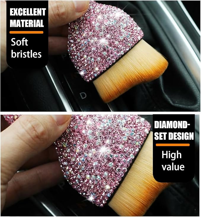zipelo Auto Interior Dust Brush, Car Detailing Cleaning Brush with Diamond, Bling Handle Soft Bristles Dusting Tool, Scratch Free Dirt Clean Brushes for Vehicle Dashboard, Air Conditioner Vent (Pink)