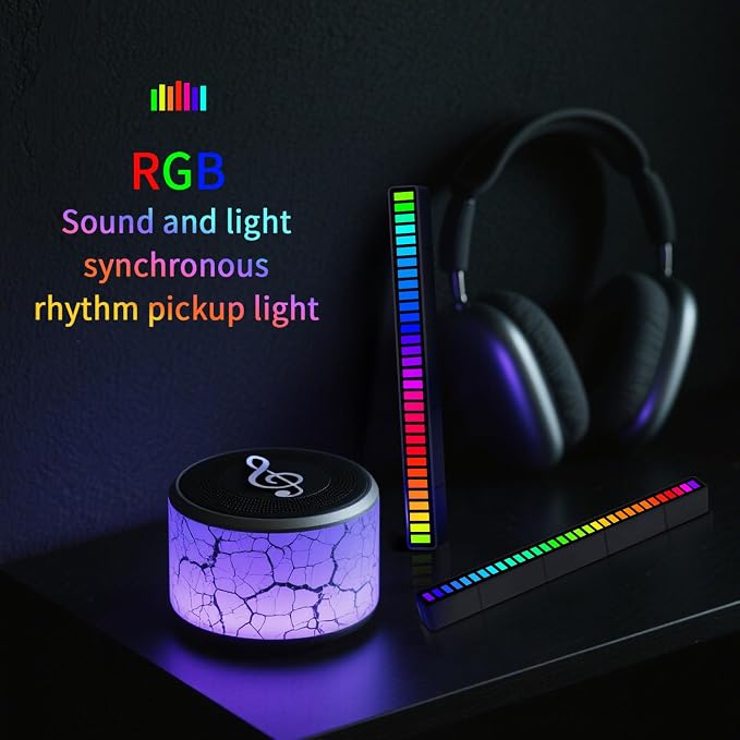 RGB Sound-Activated Music Rhythm Car Ambient LED Strip Light, 2packs | Gaming or Party Atmosphere, Sound-Sensitive Pulsing, Rechargeable Battery, Soft RGB Lighting, Type-C Charging (App)