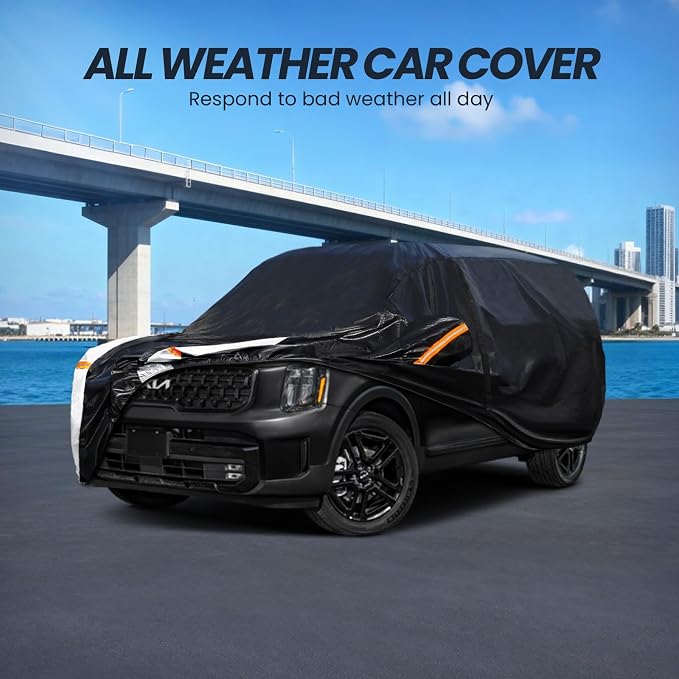 Multi-Layer Car Cover Custom Fit for Kia Telluride(2016-2026), 100% Waterproof All Weather for Automobiles, Gift with Towel, Heavy Duty Car Covers for Rain Sun UV Protection with Door Zipper