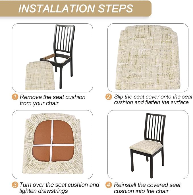 SearchI Seat Covers for Dining Room Chairs Stretch Printed Chair Seat Covers Set of 8, Removable Washable Upholstered Chair Seat Protector Cushion Slipcovers for Kitchen(Beige Linen-Look Print)
