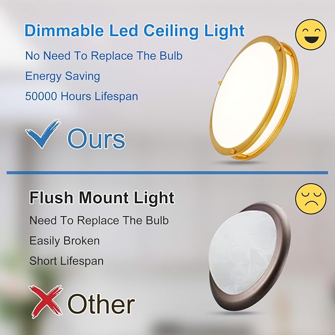 DLLT Flush Mount LED Ceiling Light: 13 Inch 2Pack 5CCT (3000K-6000K) & Dimmable Ceiling Light Fixtures for Bedroom Hallway - 24W Modern Gold Super Bright Kitchen Lighting Fixtures Ceiling