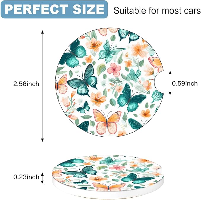 Car Cup Holder Coaster Set of 2, 2.56 in Ceramic Coasters, Scratch-Resistant Cork Backing, Finger Groove Design for Easy Placement, Cute Car Accessories Interior for Women (Butterfly)