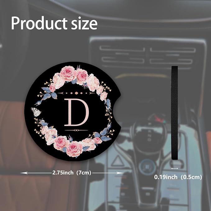 2pcs Letter D Car Coasters,Absorbent Universal neoprener Cup Holder Coasters with a Finger Notch,Car Accessories for Women&Man Interior，2.75"