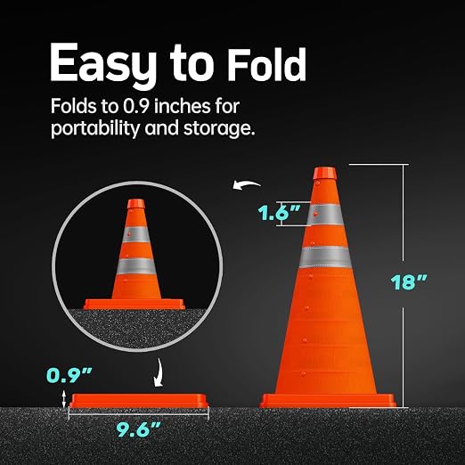 BATTIFE [4 Pack] 18 Inch Collapsible Traffic Safety Cones, Orange Cones, Multi Purpose Pop-up Cones with Reflective Collar, for Road Parking, Driving Practice