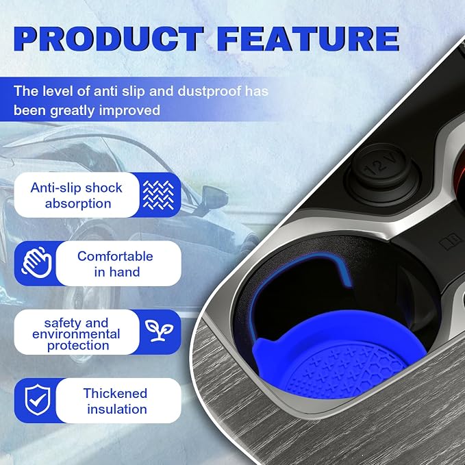 4PCS Car Cup Holder Coaster, Silicone Non-Slip Vehicle Insert Water Bottle Mat, Universal Insulation Drink Cup Pad Decor for SUV/Sedan/Truck, Automotive Interior Accessories (Blue)