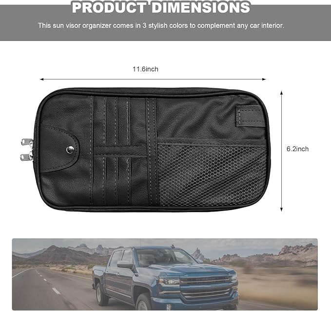 Car Sun Visor Organizer, Multi-Purpose Visor Storage Holder with Elastic Bands & Glasses Clip, Multi-Pocket Sunshade Organizer Soft Leather Storage Pouch for Car Truck SUV (Black)