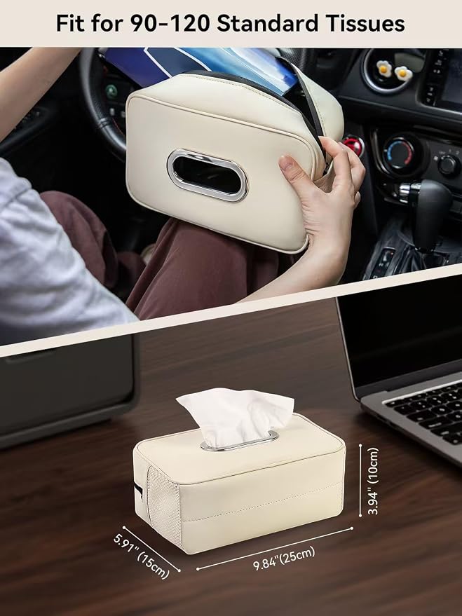 Multi-Functional Car Tissue Holder with ‌2 Storage Nets, Upgraded PU Leather Tissue Box Cover, Large Rectangle Napkin Organizer, Fit for 100-160 Regular Size Tissues, Keep Car Tidy, Beige