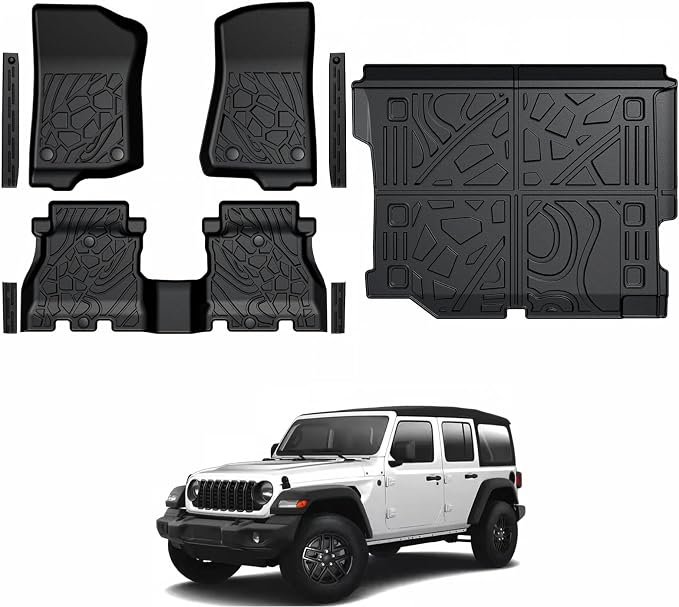Floor Mats for Jeep Wrangler JL Gas 2018-2025 2026, All Weather Floor Mats Trunk Cargo Liner and Door Sill Guards Accessories (Fit 4-Door Unlimitied)