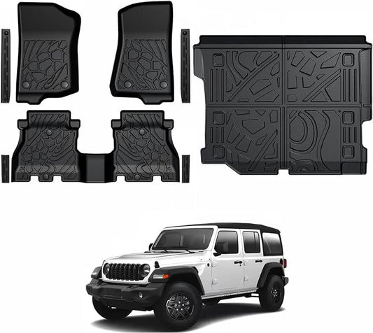 Floor Mats for Jeep Wrangler JL Gas 2018-2025 2026, All Weather Floor Mats Trunk Cargo Liner and Door Sill Guards Accessories (Fit 4-Door Unlimitied)
