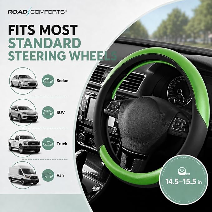 Road Comforts Steering Wheel Cover – Breathable Leather Steering Wheel Cover, Anti-Slip Grip, Universal Fit 14.5” to 15”, Heat & Cold Resistant for Cars, SUVs, and Trucks – Black & Shining Green
