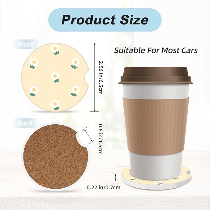 Cute White Flower Car Coasters for Cup Holders,2 Pack Car Cup Holder Coasters for Car,Ceramic Absorbent Car Coaster with A Finger Notch and Cork Base,Car Interior Accessories for Women Men