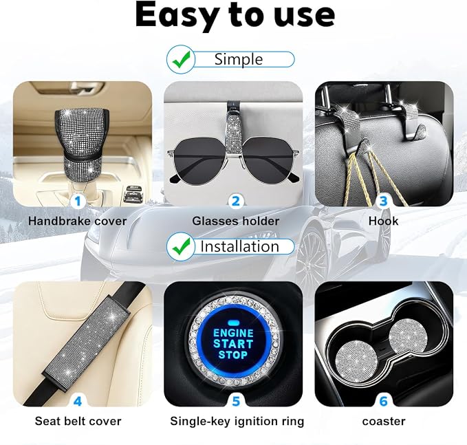 8PCS Bling Car Accessories Set, Sparkly Rhinestone Vehicle Steering Wheel Seat Belt Gear Shift Start Stop Button Cover, Diamond Auto Cup Holder Coaster Decoration, Universal Fit (White)