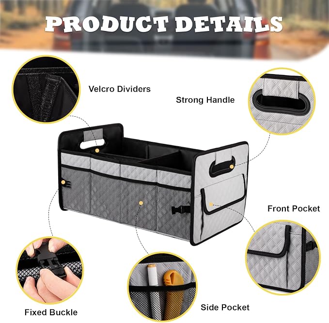 JiatuA Car Trunk Organizers and Storage for SUV, Collapsible Multi Compartment Container Box Adjustable Car Accessories for Women Men, Light Grey