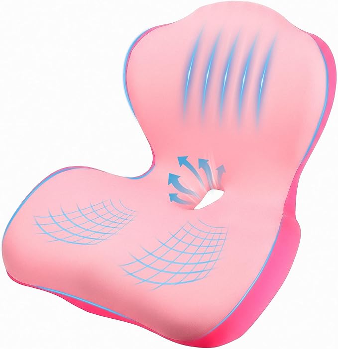 Car Seat Cushion with Lumbar Support Pillow, Memory Foam Office Chair Cushion for Back Pain Sciatica Pain Relief, Ergonomic L-Shaped Seat Cushion for Car Truck Driving Office Chair Home (Pink)