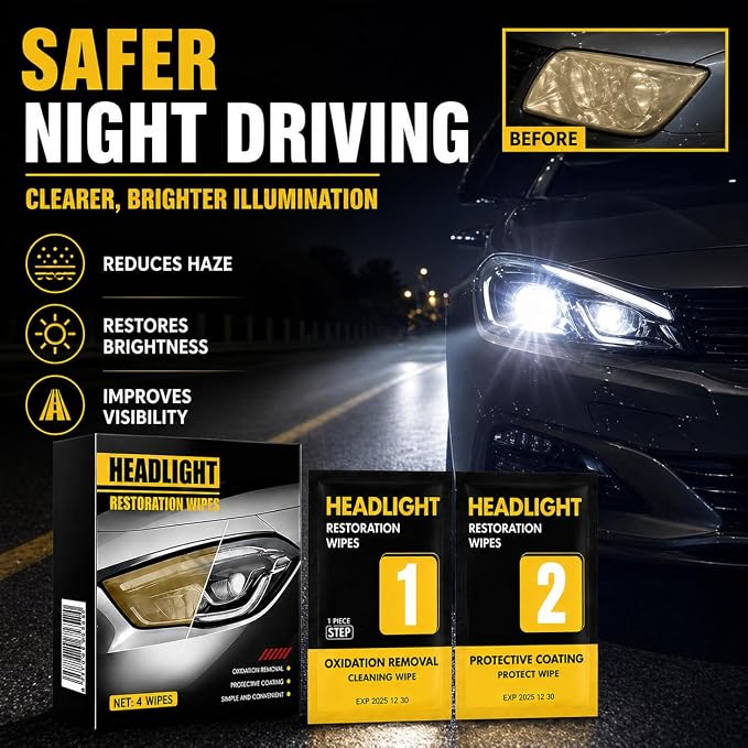 Headlight Restoration Wipes Kit – 2‑Step Headlight Cleaner & Protective Coating – Removes Yellowing & Oxidation, Restores Clarity & Shine – No Tools Needed – Quick DIY Headlight Lens Repair