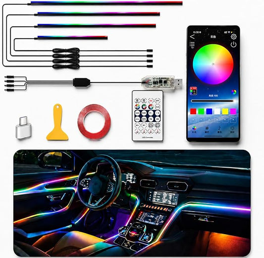 Car Interior Ambient Lighting Kit, Acrylic LED Strip Lights 43.3in 4 in 1, APP & Remote Control, RGB Music Sync Neon Light, USB Powered Flexible Car Lights for Dashboard, Door, Universal Fit