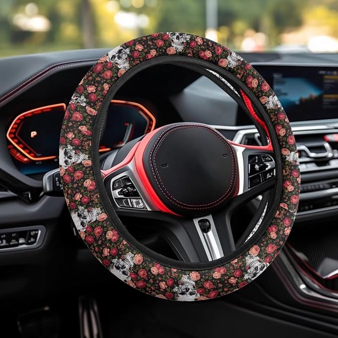 AFPANQZ Auto Steering Wheel Covers Anti-Slip Safety Stretch-on 14-15 inch | Skull Flower Print, Steering Wheel Protector with Cloth for Women Keep Warm Comfort Grip Sweat Absorption Neoprene