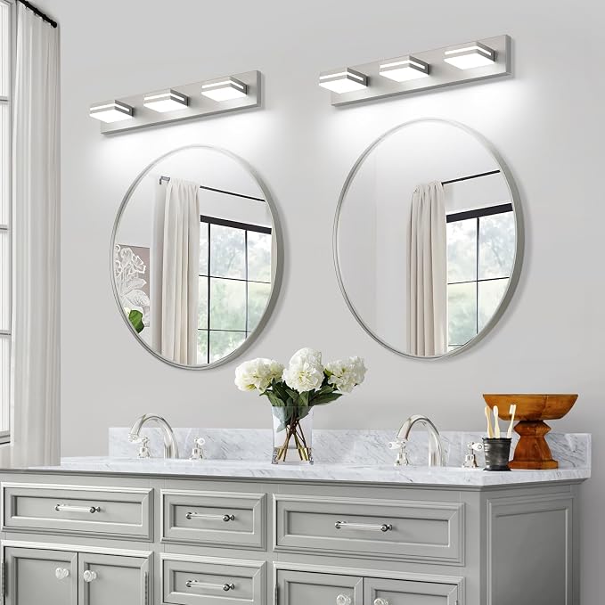 SineRise LED Modern Bathroom Vanity Light Fixtures (3-Light, 24-Inch), Brushed Nickel Modern Acrylic Bathroom Wall Lighting Fixtures Over Mirror (Cool White 6000K)
