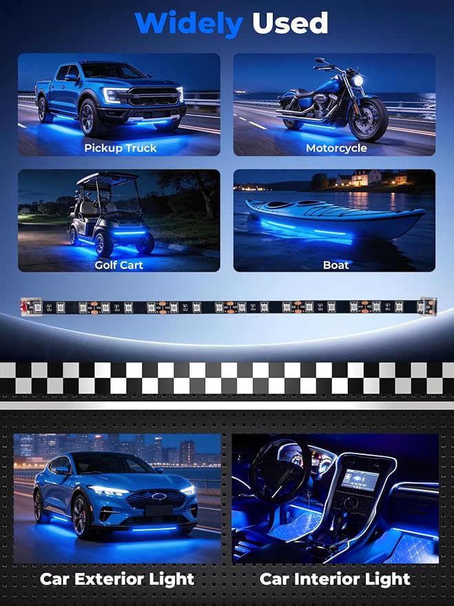 Car LED Strip Lights IP68 Waterproof Cuttable 12inch Blue 4 Pcs | 12V Footwell & Underbody Lights, 18pcs 5050 SMD, interior & exterior light, fits SUVs, trucks, motorcycles, boats, golf carts