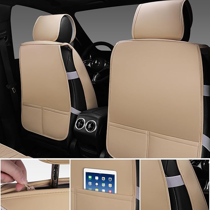 CAR PASS Beige Leather Bling Car Seat Covers Full Set, Luxury Microfiber Nappa PU Cushioned, Waterproof Anti-Slip Universal Fit for Auto SUV Sedan Sparkly Glitter Shining Rhinestone, Beige Diamond
