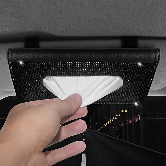 【2026 Upgraded】 Bling Car Sun Visor Tissue Box with Refills Paper Towels, PU Leather Backseat Mask Case,Crystal Sparkling Napkin Holder, Handmade Decoration Accessories for Women,Girls,Ladies as Gift
