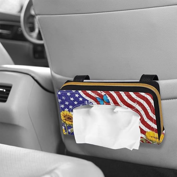 American Flag Car Tissue Holder Sunflower Sun Visor Tissues Box Cover for Car Sun Visor Napkin, Mask Dispenser Universal Car Interior Accessories