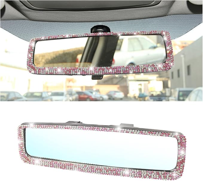 Car Bling Rearview Mirror, Rhinestones Crystal Diamonds Rear View Mirrors with HD Glass, Universal Clip-on Rear View Mirrors for Cars, Vehicles, SUVs, Car Accessories for Women Girls (Pink)