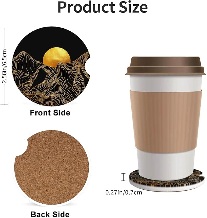 Golden Mountain Sun Car Cup Holder Coasters 2 Pack 2.63" for Women | Universal Anti Slip Ceramic Absorbent Coaster with Cork Base and Finger Notch Cute Car Accessories Interior