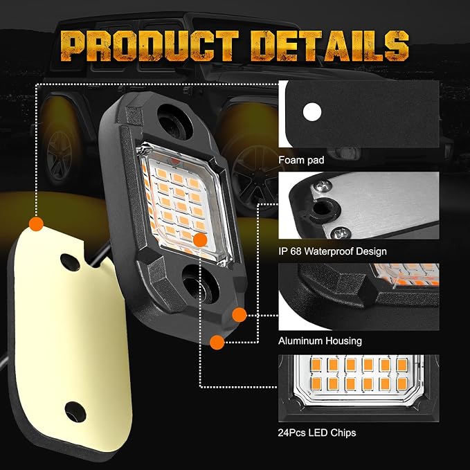 4 Pods Yellow Rock Lights Underglow Light for Cars Trucks Trail Rig Lamp | 24 LED chips for each light, waterproof bottom chassis lights
