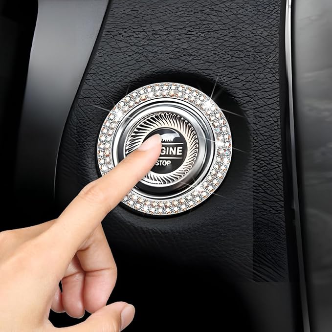 Bling Car Engine Start Ring Decals, 2PCS Sparkling Crystal Rhinestone Vehicle Push to Start Button Sticker, Diamond Auto Key Ignition Knob Decorative Ring, Universal for Vehicles (AB Color)