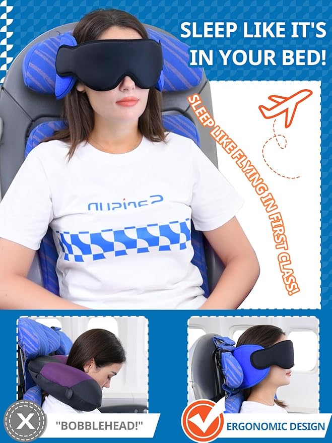 SARISUN Travel Pillows for Airplanes, Airplane Pillow with 3D Eye Mask for Sleeping, 360° Support Headrest for Long Flight, Road Trip, Stop Bobblehead Travel Essential Airplane Sleep Head Strap, Blue