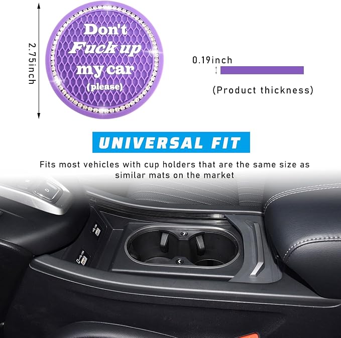 4 PCS Bling Car Cup Coaster, 2.75 Inch Anti-Slip Cup Holder Insert Coasters, Universal Crystal Rhinestone Auto Drink Car Cup Mat, Interior Car Accessories for Women Girls (Purple)