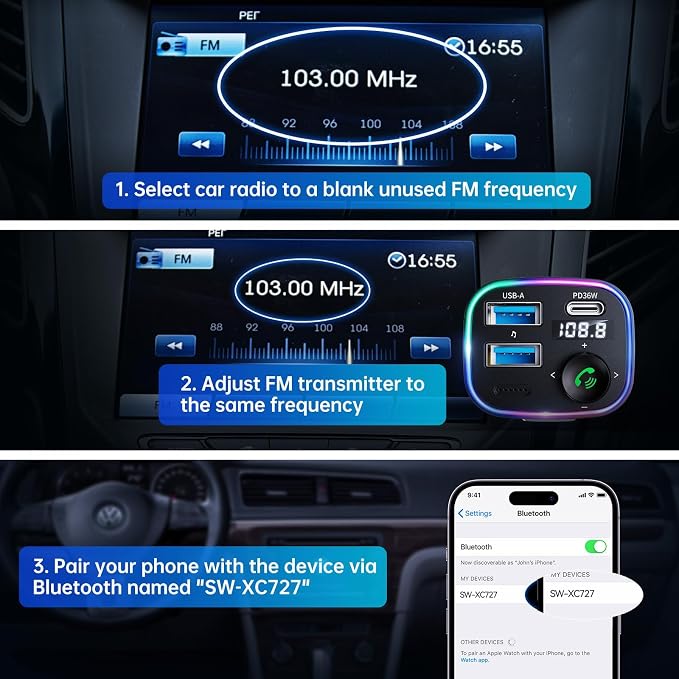 Syncwire Bluetooth 5.4 FM Transmitter Car Adapter 48W(PD 36W & 12W) [Light Switch] [Hi-Fi Deep Bass] [Fast Charging] Wireless Radio Music Adapter LED Display Hands-Free Calling Support USB Drive