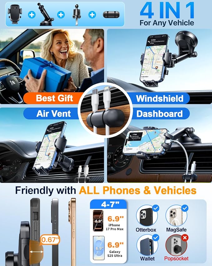 YRU True Military-Grade [360° Rotation Suction] 2026 Ultimate Car Phone Holder Mount【90+LBS Safest Strongest & Patent Certs】 Dash Windshield for iPhone 17 16 Pro Max Speakerphones, Jet Black