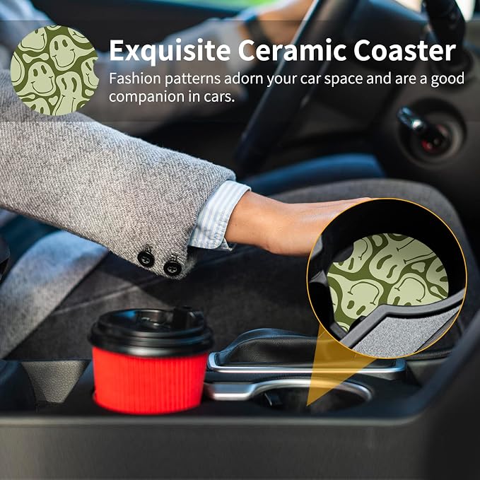 Car Coasters,Purple Smily Absorbent 2 Pack for Cup Holders with Finger Notch,2.56 inches Ceramics Heat Resistant Anti Slip Cork Base Car Drinks Coasters Auto Cup Holder(Green Smily)