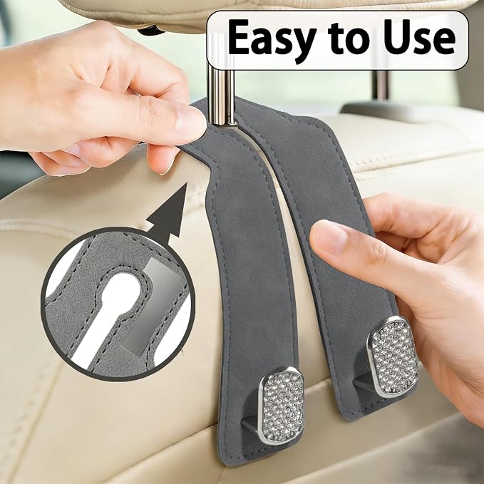 Car Hooks for Headrest: 2Pc Car Seat Back Storage Headrest Hook - Premium Leather Double Metal Hook - Purse Hook For Car Headrest - Car Headrest Hooks for Purses, Handbags, Bags - Grey Diamond