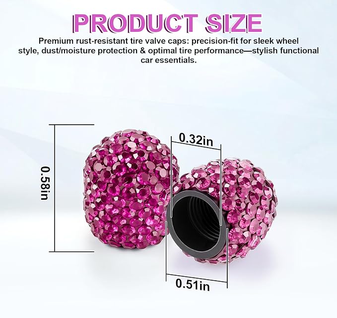 JUSTTOP 4 Pack Handmade Crystal Rhinestone Tire Valve Stem Caps, Universal for Cars, Trucks and Motorcycles - Violet Red